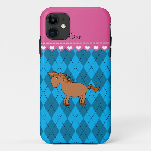 Personalised name horse sky blue argyle Case-Mate iPhone case (Back)