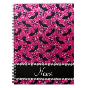 Personalised name hot pink glitter fancy shoes bow spiral notebook