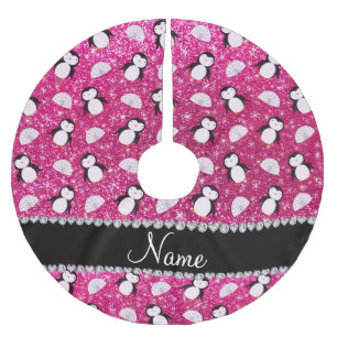 Personalised name hot pink glitter penguins igloos brushed polyester tree skirt
