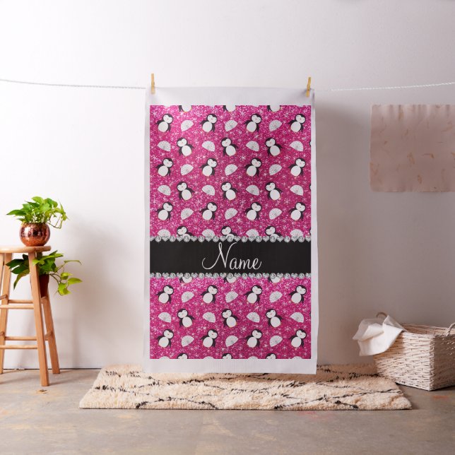 Personalised name hot pink glitter penguins igloos fabric (In Situ)
