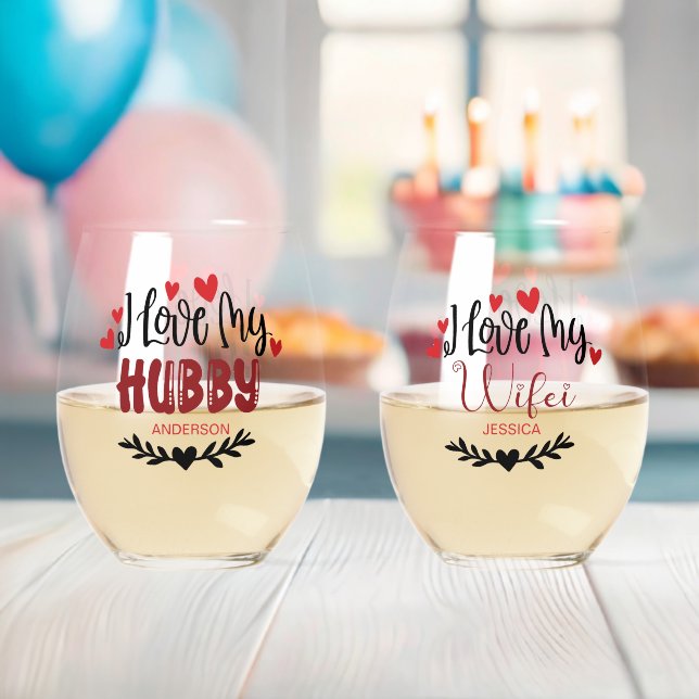 Personalised Name I Love My Hubby Wifei  Stemless Wine Glass (Insitu (Baby Shower))