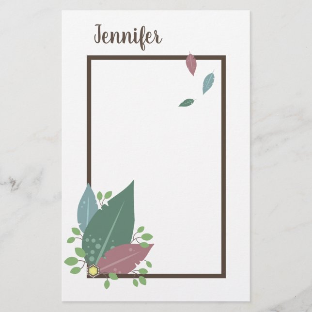 Personalised name in feather boho frame stationery (Front)