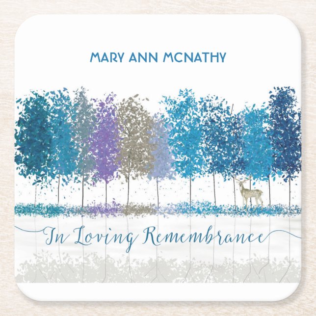 Personalised Name In Remembrance Trees Lone Deer Square Paper Coaster (Front)
