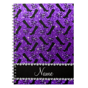 Personalised name indigo purple glitter boots bows spiral notebook