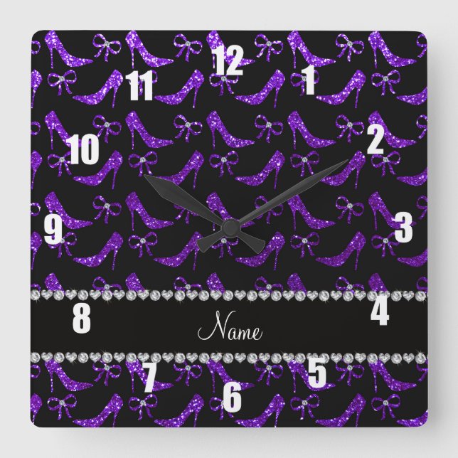 Personalised name indigo purple glitter high heels square wall clock (Front)