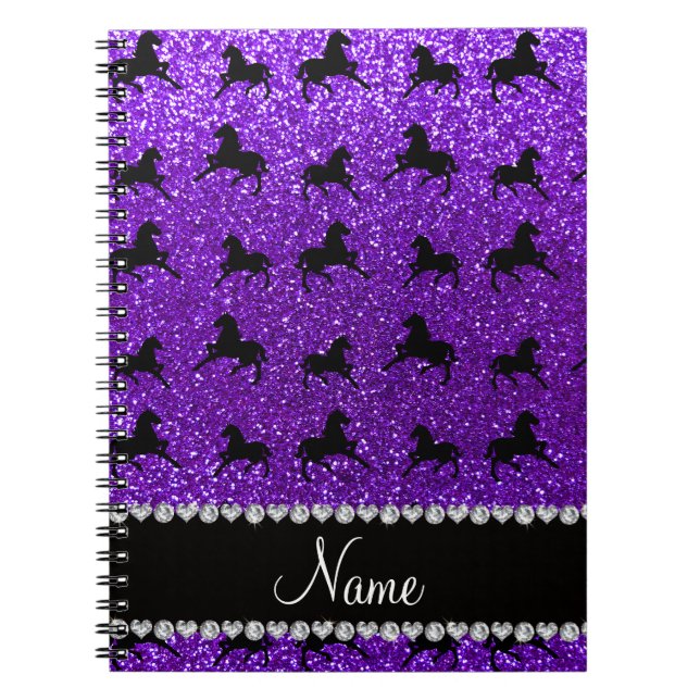 Personalised name indigo purple glitter horses notebook (Front)