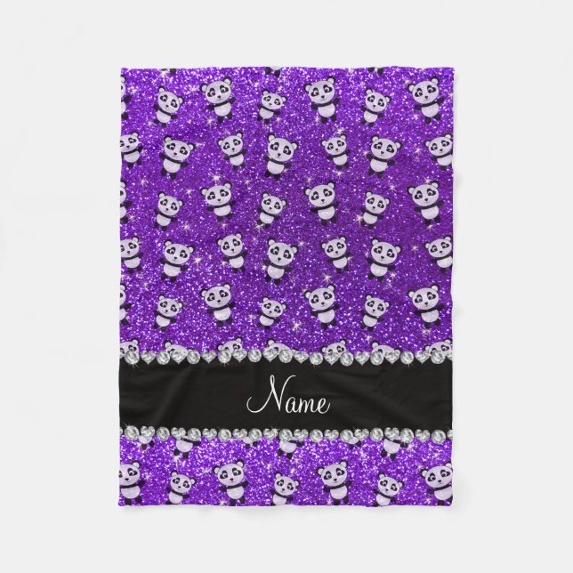 Personalised name indigo purple glitter pandas fleece blanket (Front)