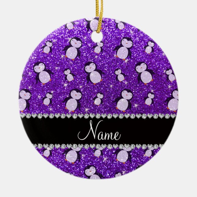 Personalised name indigo purple glitter penguins ceramic tree decoration (Front)