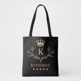 Personalised Name & Initial Black Gold Monogram Tote Bag