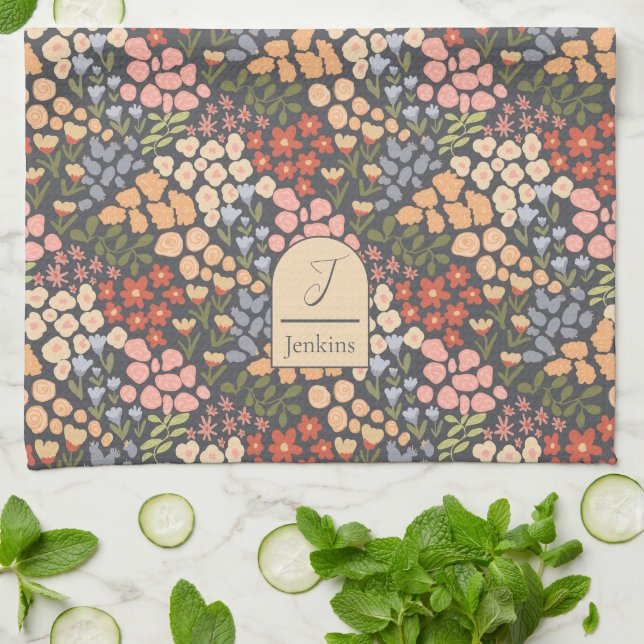Personalised Name & Initial Floral Kitchen Towel (Folded)
