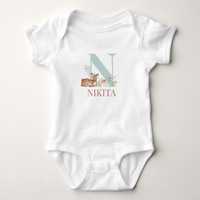 Personalised Name Initial Letter N Baby Bodysuit (Front)