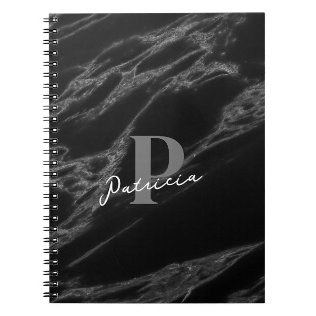 Personalised Name Initial Modern Marble Black  Notebook (Front)