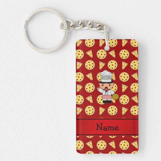 Personalised name italian chef red pizza pattern key ring (Front)