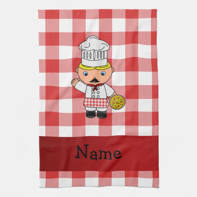 Personalised name italian chef red white checkers tea towel (Vertical)