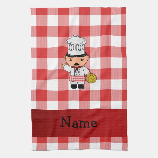 Personalised name italian chef red white checkers tea towel (Vertical)