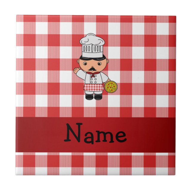 Personalised name italian chef red white checkers tile (Front)