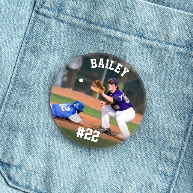 Personalised Name & Jersey Number Baseball Photo 6 Cm Round Badge (Creator Uploaded)