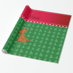 Personalised name kangaroo green christmas trees wrapping paper