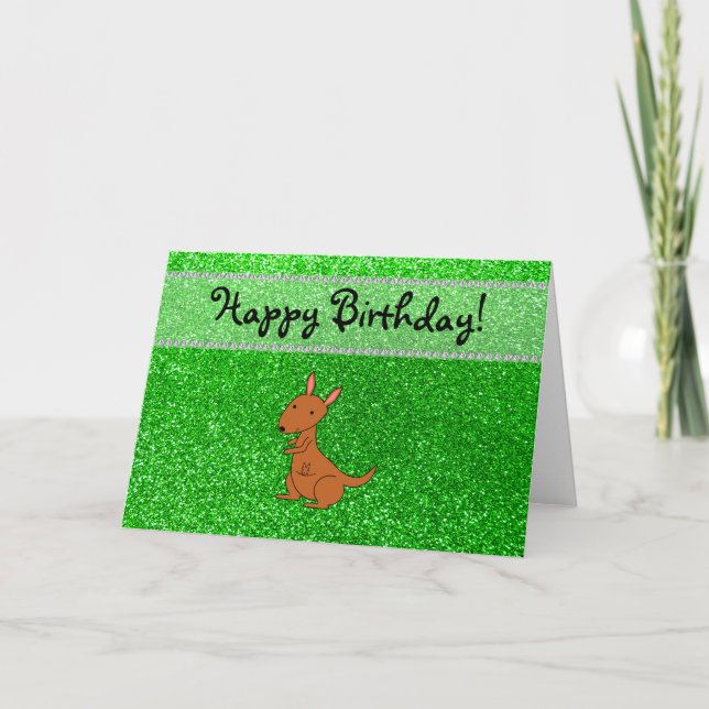 Personalised name kangaroo green glitter card (Front)