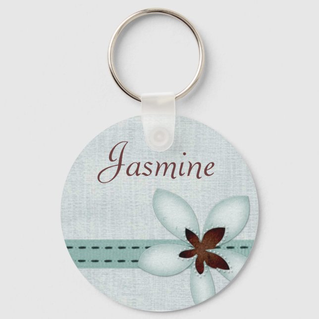 Personalised Name Keyring - Blue ribbon and flower (Front)
