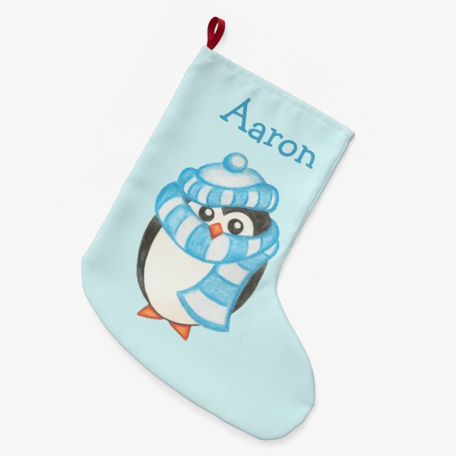 Personalised Name Kids Christmas Penguin Stocking (Front (Hanging))