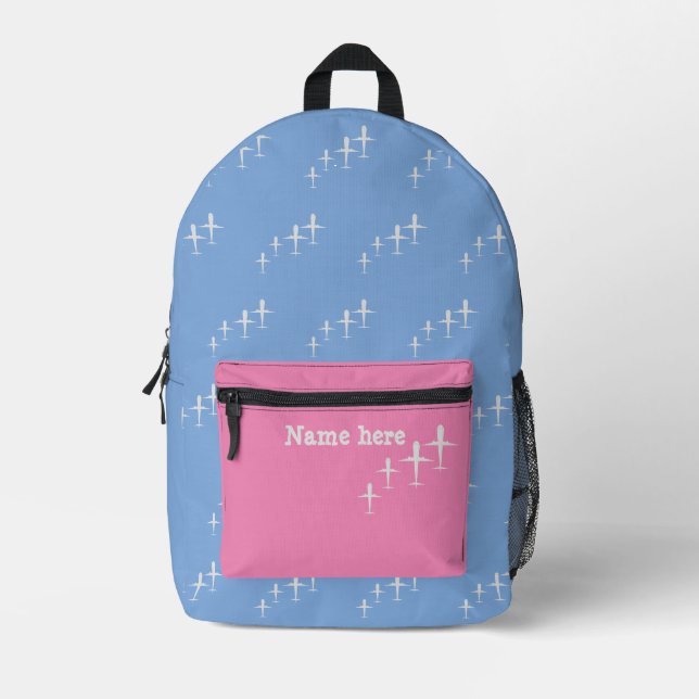 Personalised Name Kids Fun Aeroplanes Pink Blue Printed Backpack (Front)