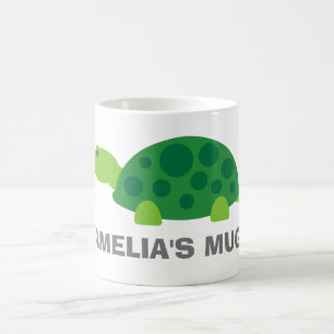 Personalised name kids mug with cute green turtle