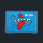 Personalised name kids wallet with toy aeroplane<br><div class="desc">Personalised kids wallet with toy aeroplane. Cute Birthday or Christmas gift idea for little boys Personalizable with name or monogram letter of your child. Make one for your son,  grandson,  nephew etc. Colourful aviation theme design. Airline plane illustration.</div>