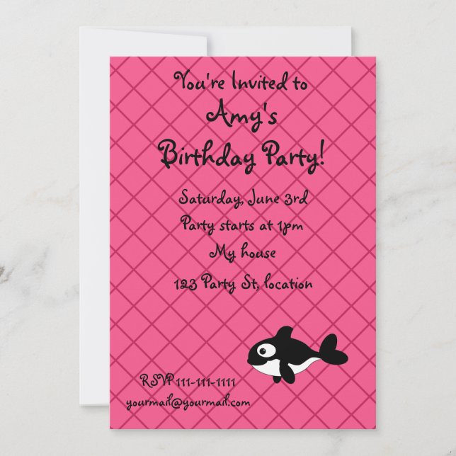 Personalised name killer whale pink grid pattern invitation (Front)