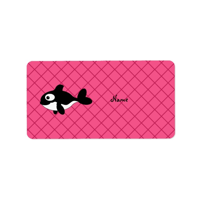 Personalised name killer whale pink grid pattern label (Front)