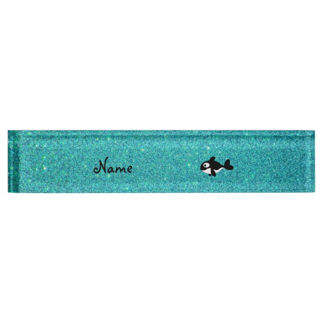 Personalised name killer whale turquoise glitter nameplate (Front)