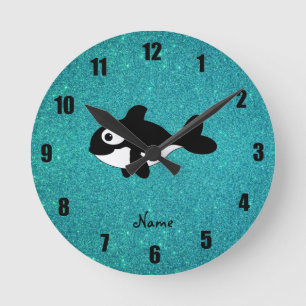 Personalised name killer whale turquoise glitter round clock