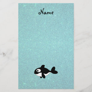 Personalised name killer whale turquoise glitter stationery