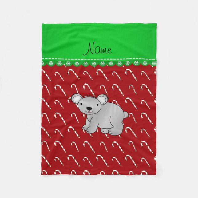 Personalised name koala red christmas candy canes fleece blanket (Front)