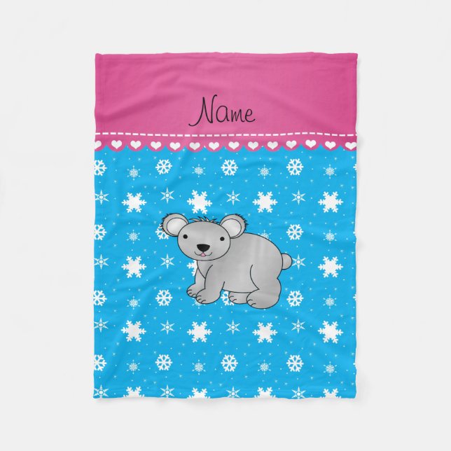 Personalised name koala sky blue snowflakes fleece blanket (Front)