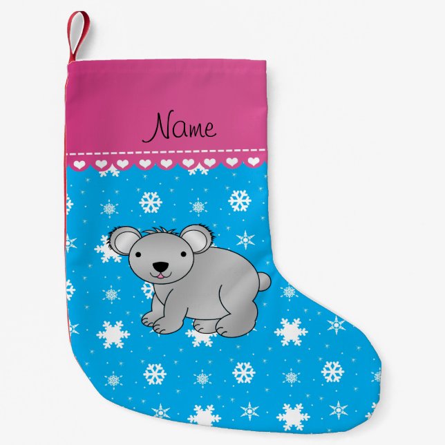 Personalised name koala sky blue snowflakes small christmas stocking (Front)