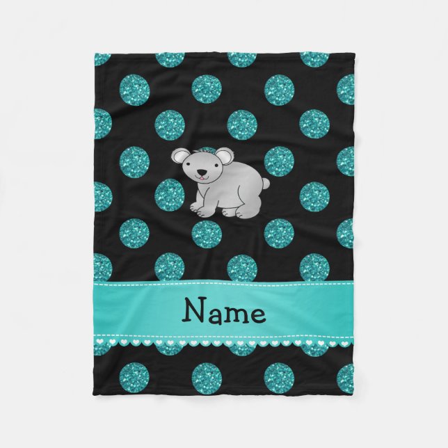 Personalised name koala turquoise polka dots fleece blanket (Front)