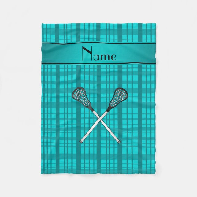 Personalised name lacrosse turquoise plaid fleece blanket (Front)