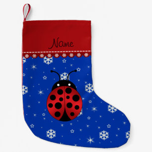 Personalised name ladybug blue snowflakes small christmas stocking