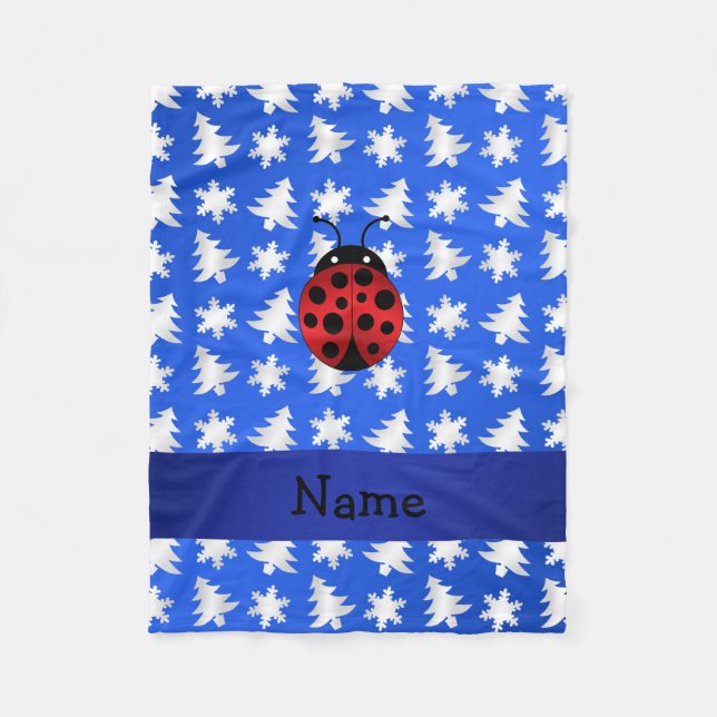 Personalised name ladybug blue snowflakes trees fleece blanket (Front)