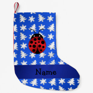 Personalised name ladybug blue snowflakes trees small christmas stocking