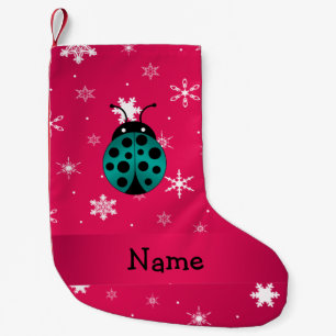 Personalised name ladybug dark pink snowflakes small christmas stocking