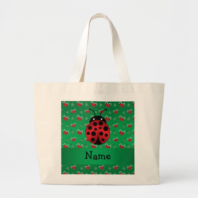 Personalised name ladybug green candy canes bows large tote bag (Front)