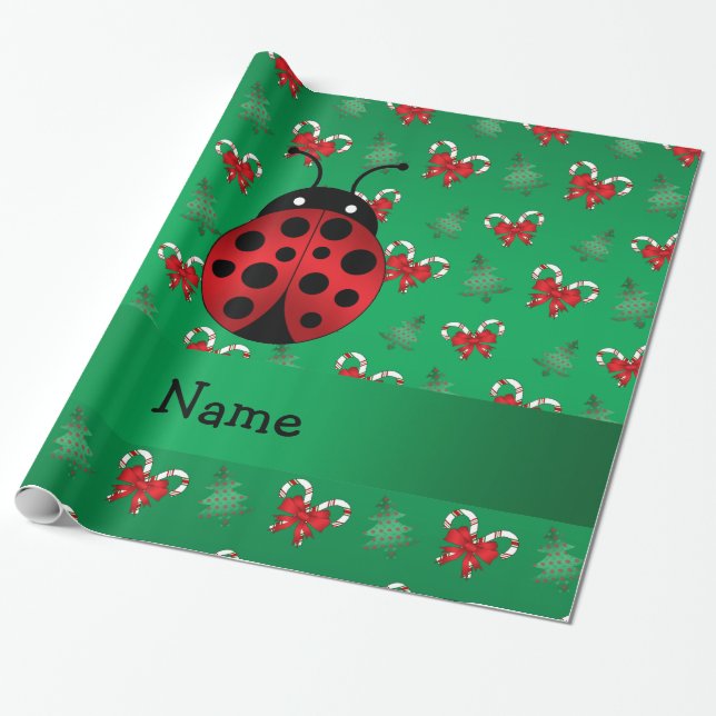 Personalised name ladybug green candy canes bows wrapping paper (Unrolled)