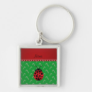 Personalised name ladybug green candy canes key ring