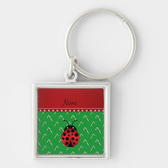 Personalised name ladybug green candy canes key ring (Front)