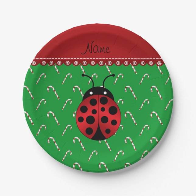 Personalised name ladybug green candy canes paper plate (Front)