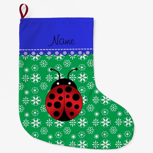 Personalised name ladybug green snowflakes large christmas stocking (Front)