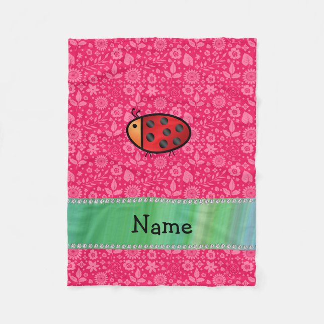Personalised name ladybug pink floral pattern fleece blanket (Front)