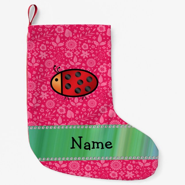 Personalised name ladybug pink floral pattern small christmas stocking (Front)